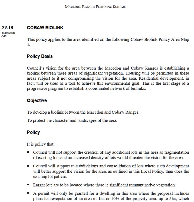 shows excerpt from Macedon Shire's planning scheme which formally supports the Cobaw Biolink work