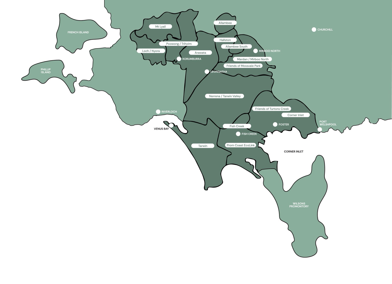 Map of South Gippsland Landcare Network groups